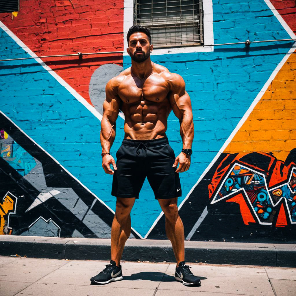 Muscular Man in Front of Graffiti Mural
