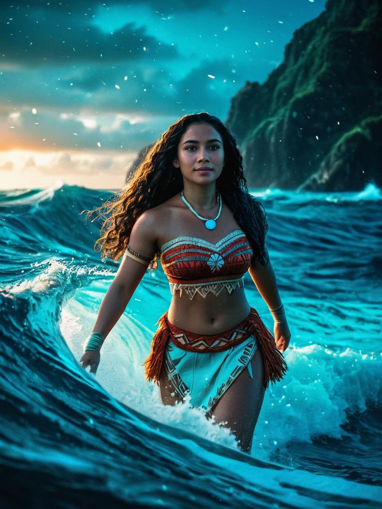 Confident Woman in Vibrant Tribal Outfit at Ocean Sunset