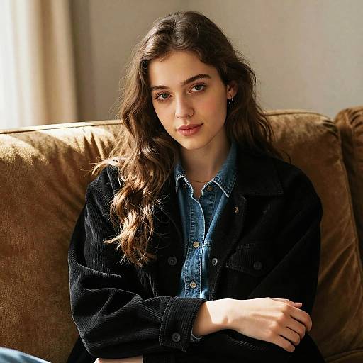 Young Woman in Casual Denim and Black Jacket Sitting on Brown Couch