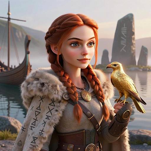 Viking Woman with Hawk by the Fjord in Norse Fantasy 3D Art