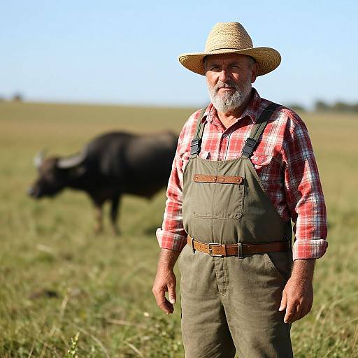 Elderly Farmer in Straw Hat Standing in Pasture with Buffalo