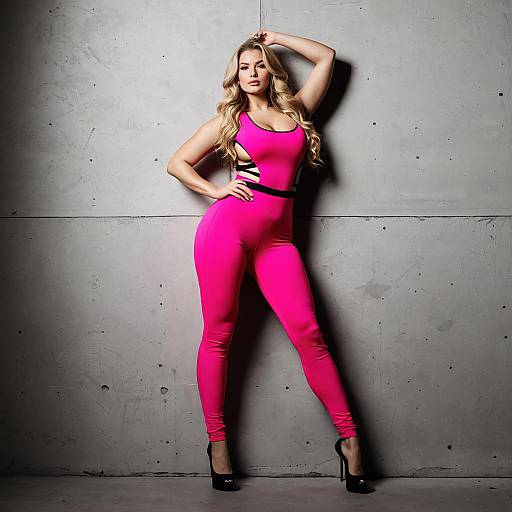 Stylish Woman in Pink Form-Fitting Jumpsuit Posing Against Concrete Wall