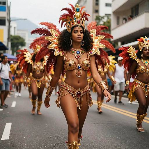 Woman in Elaborate Gold and Red Feather Carnival Costume Walking in Parade