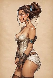 Fantasy Woman in Detailed Corset Outfit with Blue Gemstones Illustration