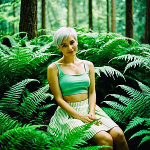 Young Woman in Forest with Ferns