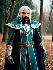Man in Realistic Nerevarine Cosplay Costume with Armor in Forest