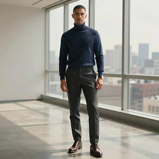 Young Man in Navy Turtleneck Sweater and Tailored Trousers in Urban Office