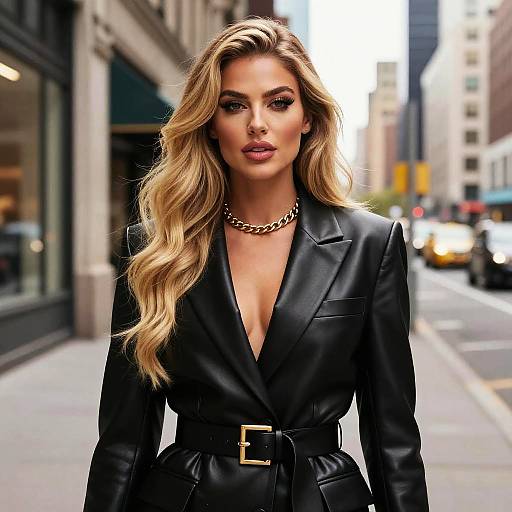 Stylish Woman Wearing Black Leather Blazer and Gold Chain in City