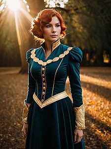 Realistic Minerva Orland Cosplay Woman in Elegant Green and Gold Costume Outdoors