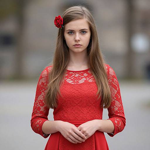 Young Woman in Elegant Red Lace Dress with Rose Hair Accessory