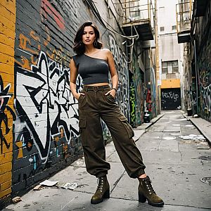 Urban Street Style Woman with Graffiti Background and Cargo Pants