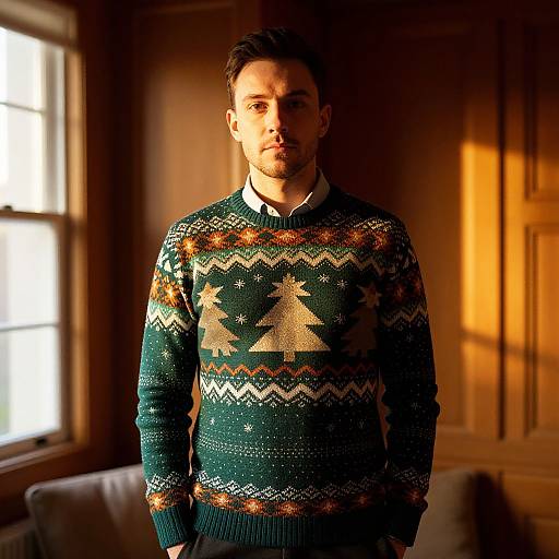 Man Wearing Festive Christmas Sweater Standing by Window in Warm Light
