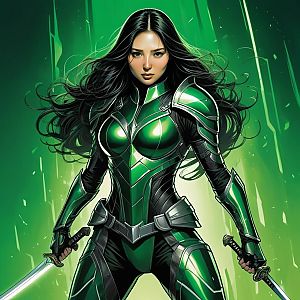 Fierce Woman Warrior in Futuristic Green Armor Holding Swords