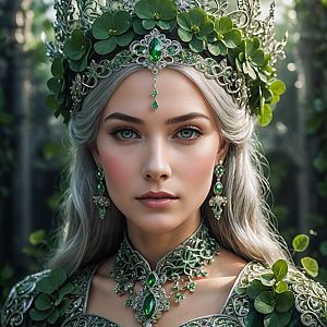 Fantasy Queen with Silver Hair and Emerald Crown