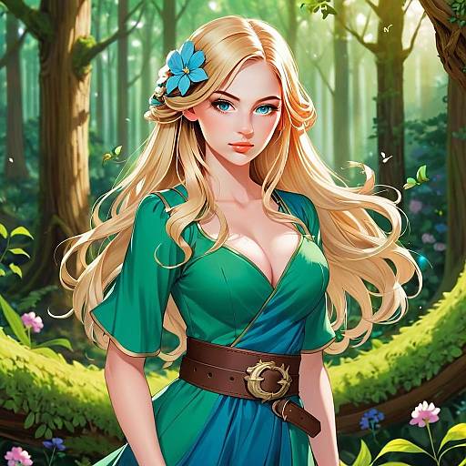 Blonde Woman in Teal Dress Fantasy Anime Forest Portrait