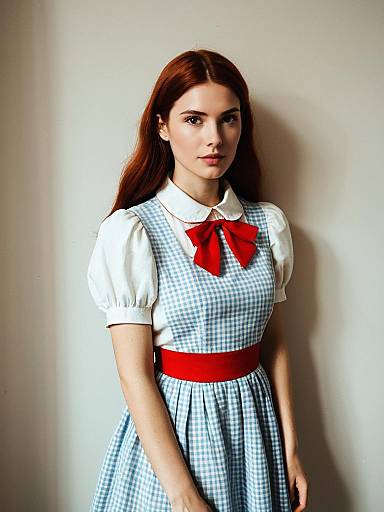 Woman in Dorothy Catalonia Cosplay Costume Blue Gingham Dress with Red Bow