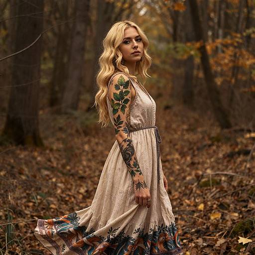 Blonde Woman with Botanical Tattoos in Bohemian Dress in Autumn Forest