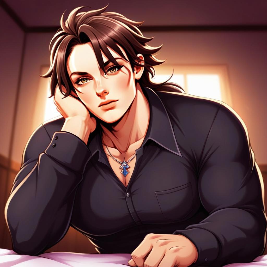 Anime Style Illustration of Man with Black Shirt and Pendant Necklace