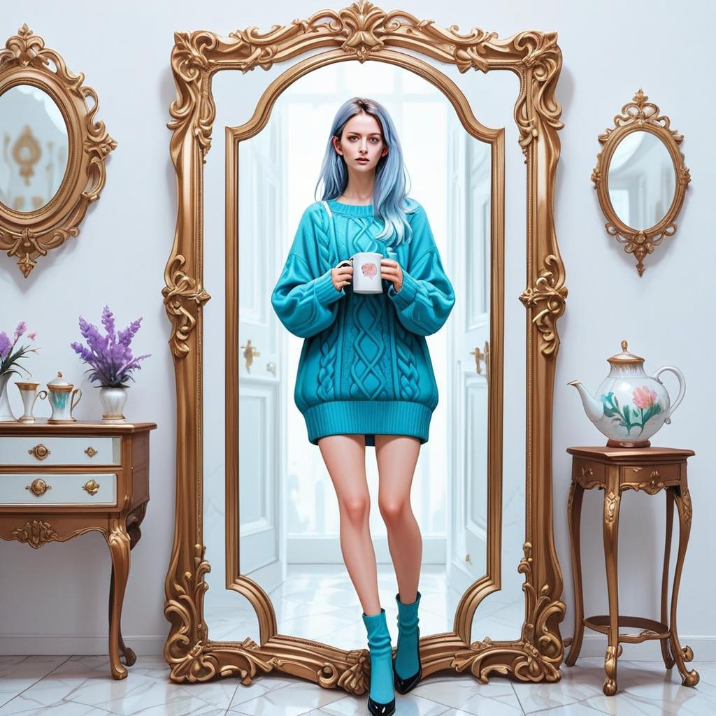 Stylish Woman with Blue Hair in Elegant Room Stylish Woman with Blue Hair in Elegant Room