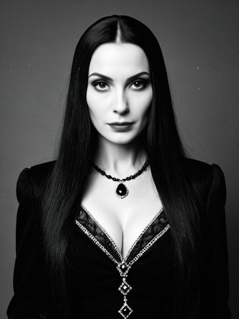 Elegant Woman in Morticia Addams Costume Black and White Glamour Portrait