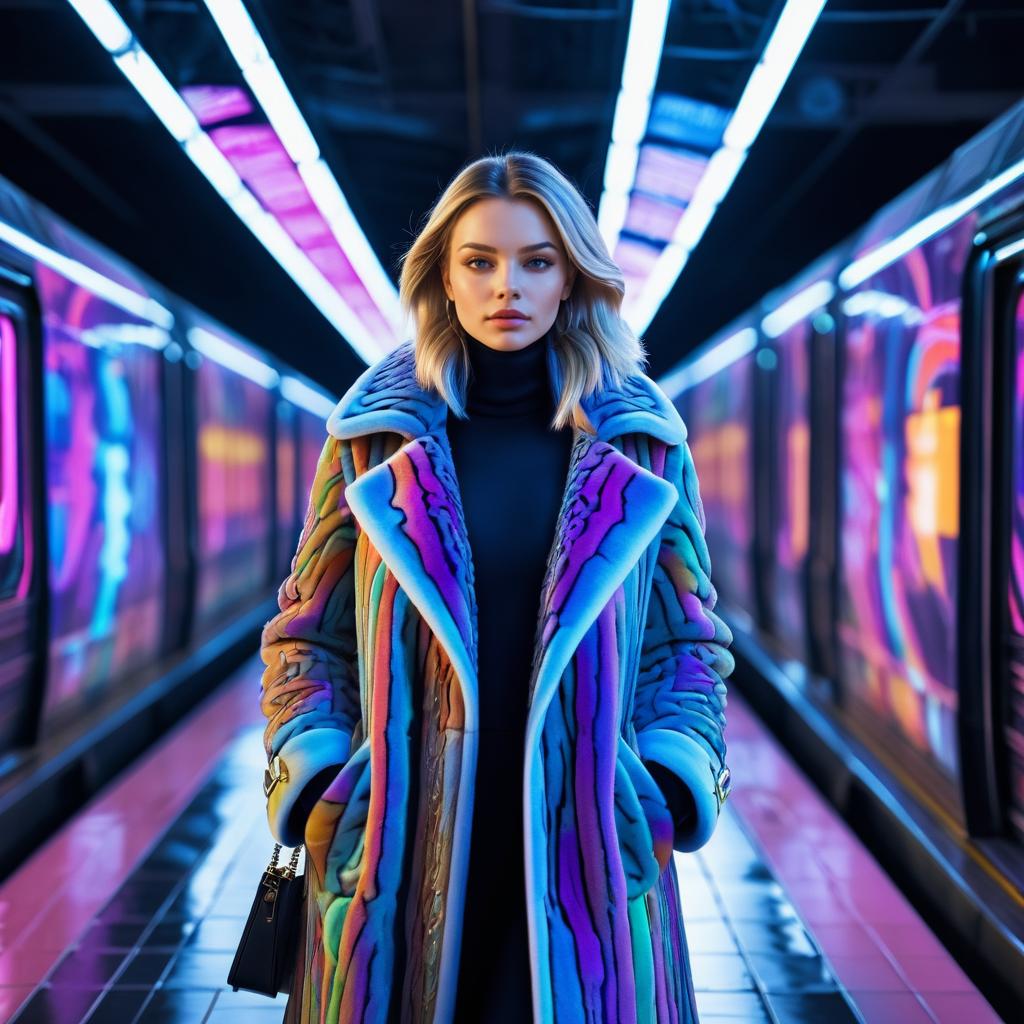 Confident Woman in Neon Subway Station