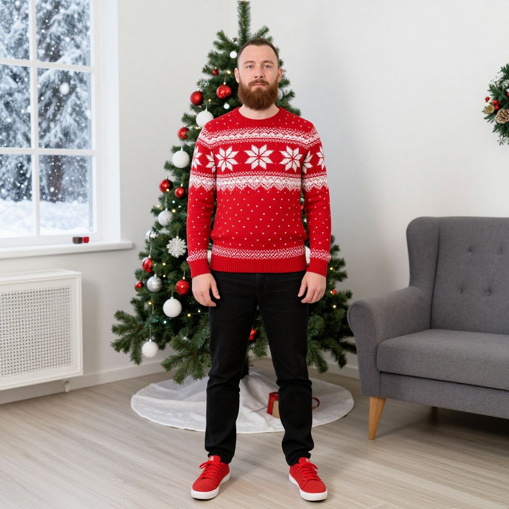 Man in Red Christmas Sweater Standing by Decorated Tree Indoors
