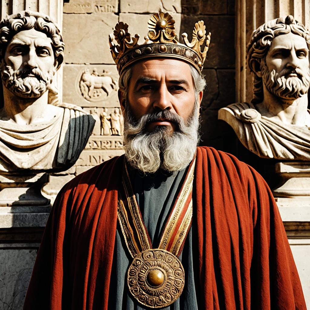 Regal Man in Crown and Robe with Roman Busts Background Realistic Portrait Regal Man in Crown and Robe with Roman Busts Background Realistic Portrait