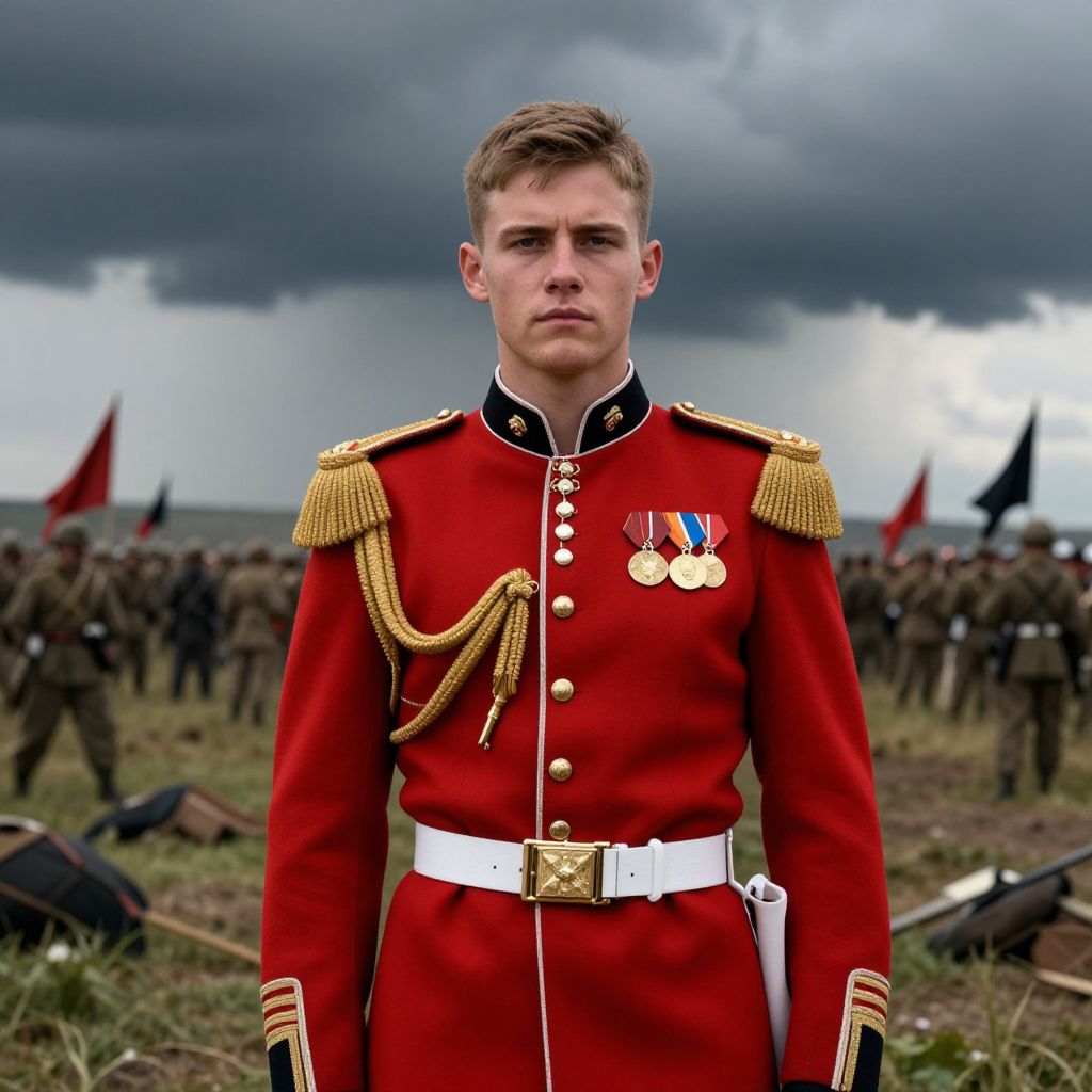 Young Soldier in Historical Red Military Dress Uniform in Field