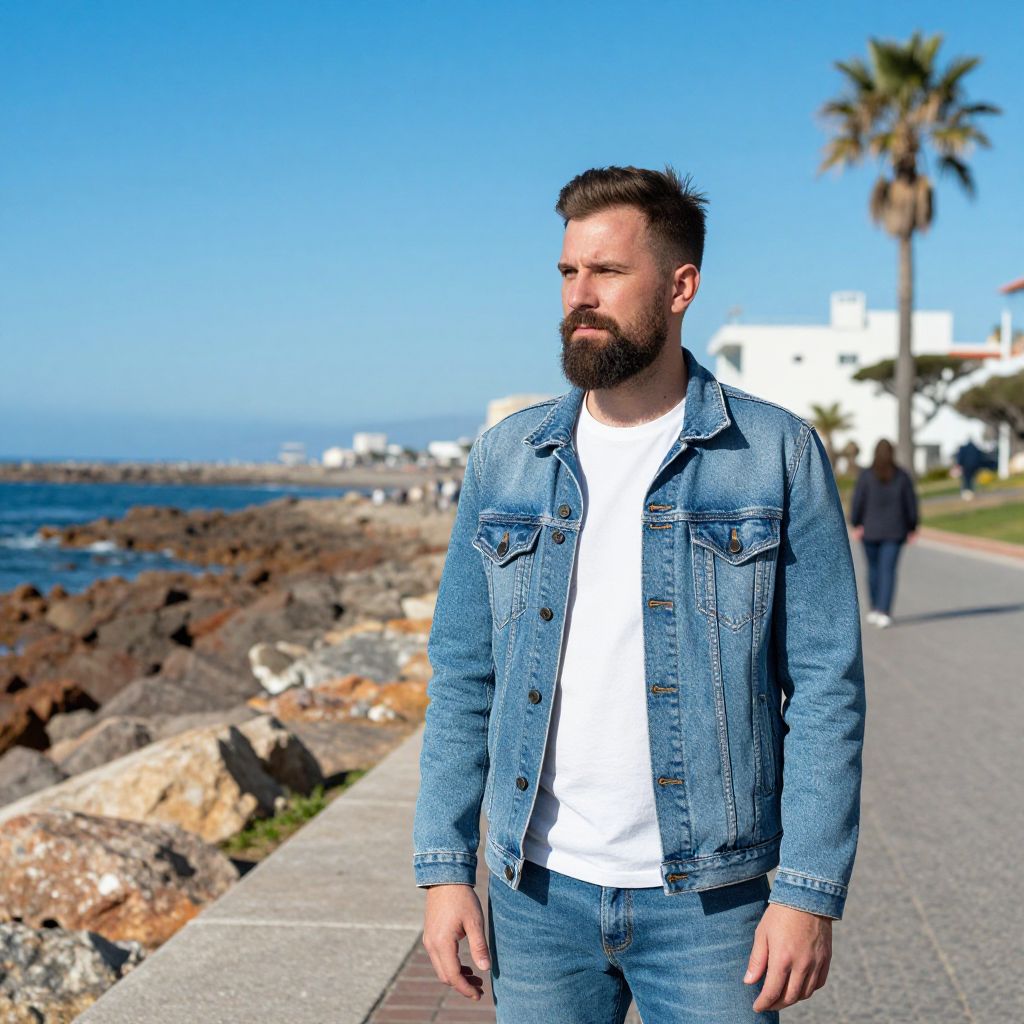 Bearded Man in Denim Jacket Standing on Coastal Promenade