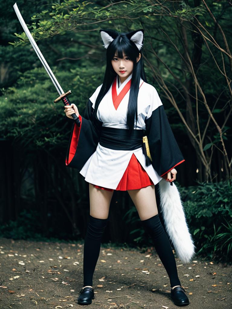 Anime-Inspired Woman in Samurai Cosplay with Fox Ears and Katana