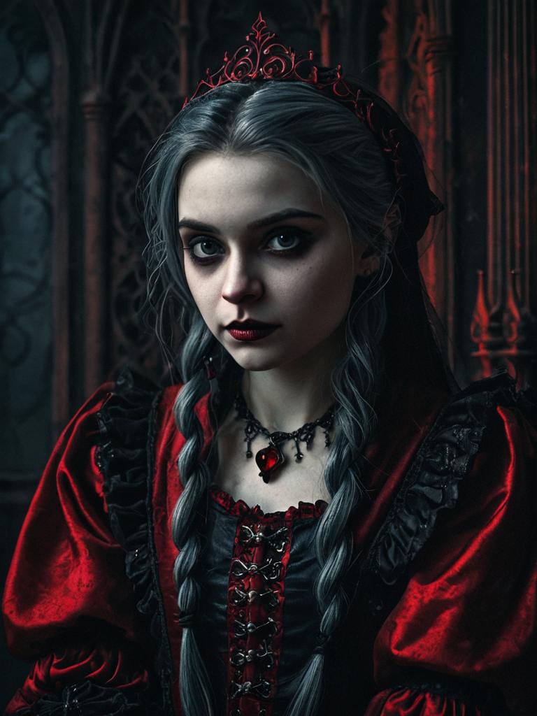 Gothic Woman in Red and Black Costume with Crown and Pendant Necklace