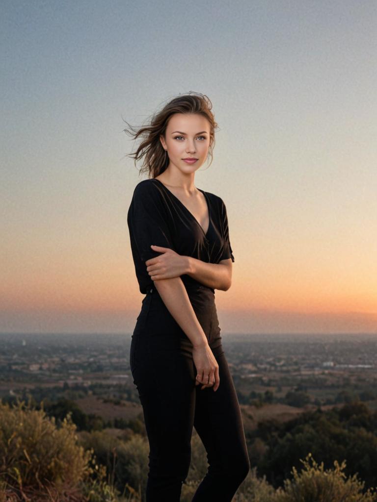 Woman in black V-neck shirt outdoors at dusk