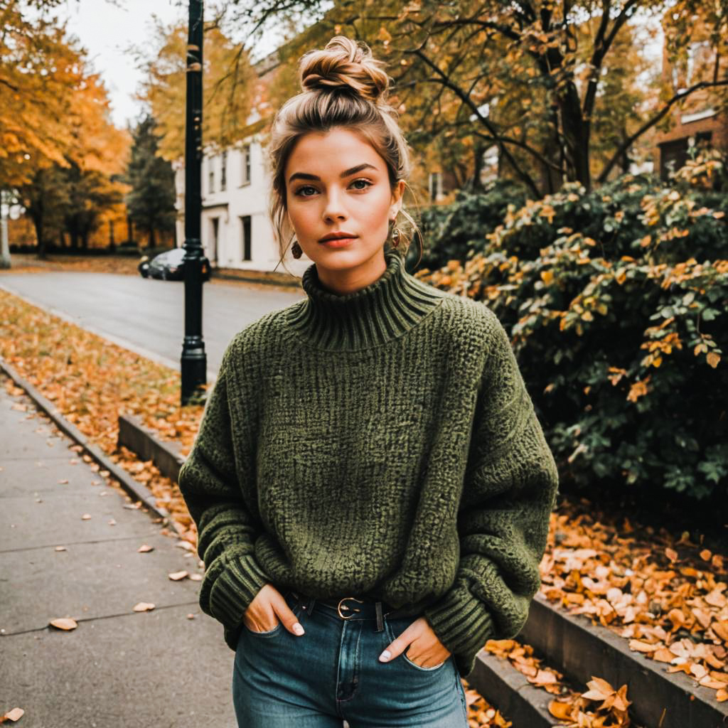 Fashionable Woman in Cozy Green Sweater Amid Autumn Leaves