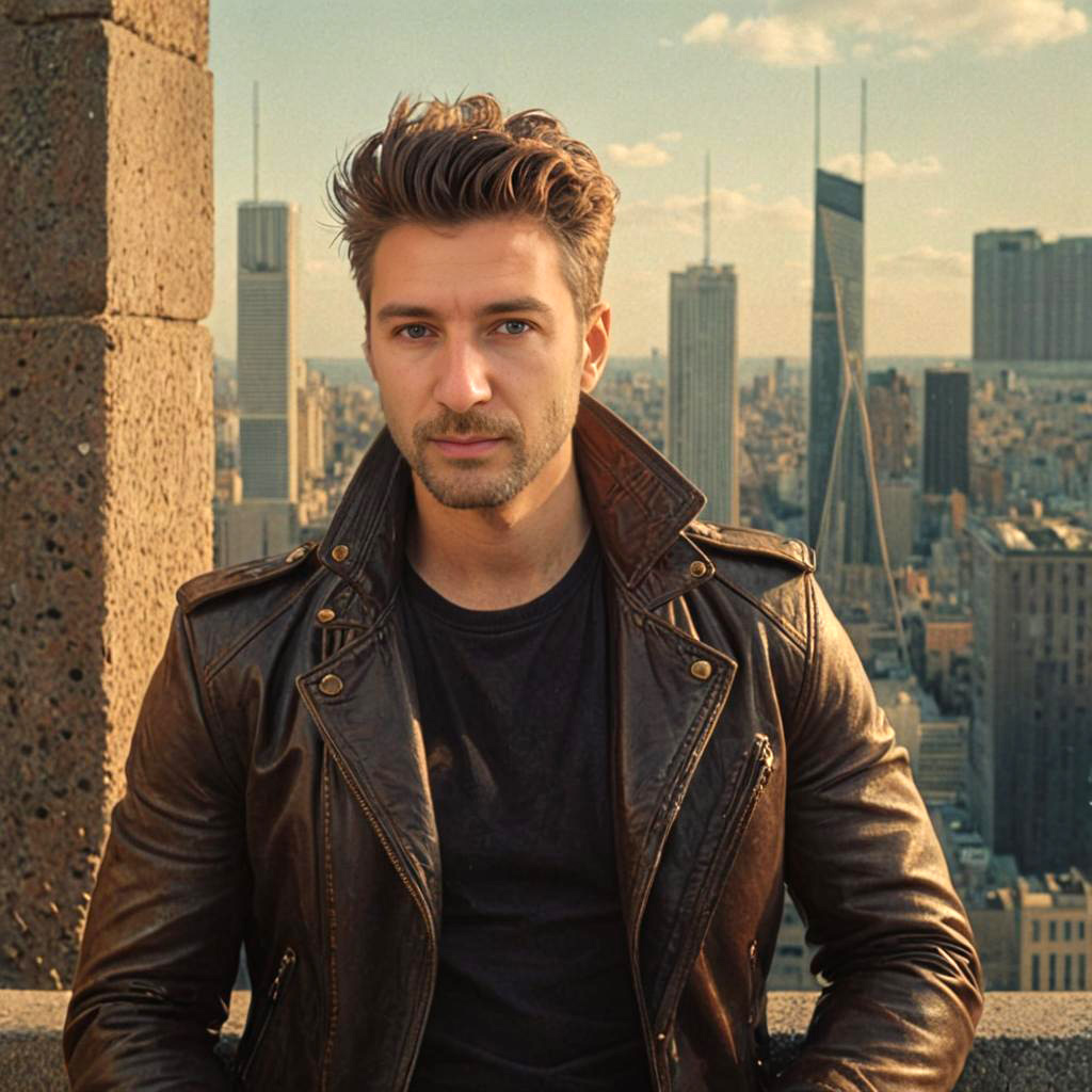 Man in Leather Jacket Against Urban Skyline