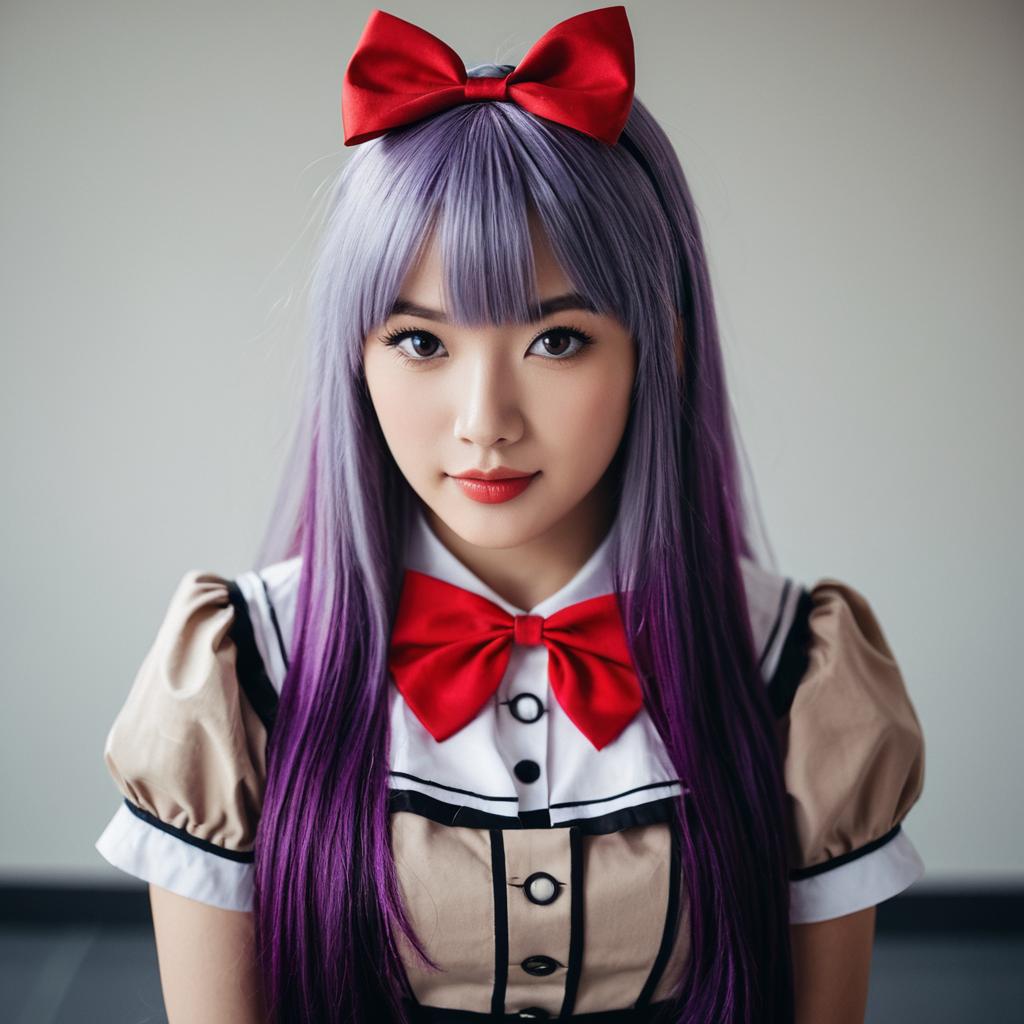 Woman in Purple Hair Cosplay Outfit with Red Bow Tie