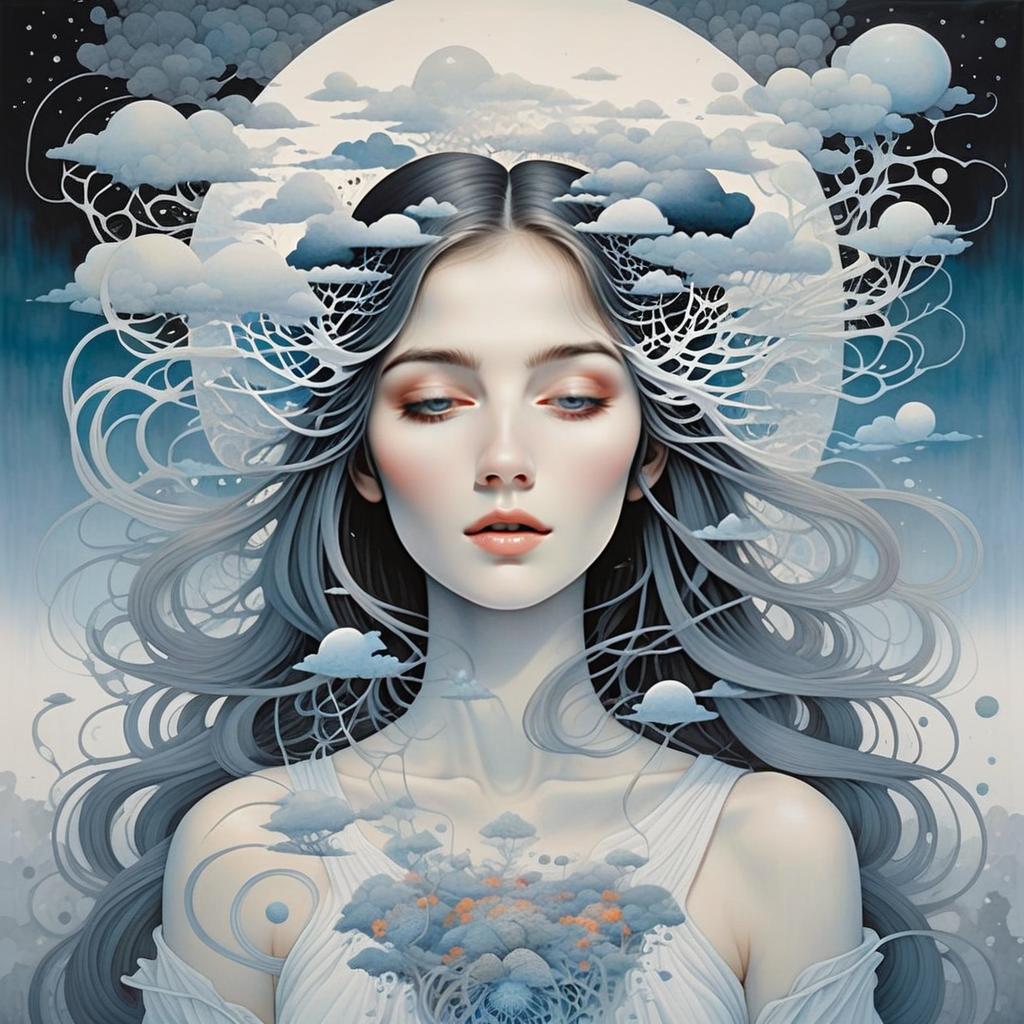Surreal Woman in Clouds with Glowing Moon Surreal Woman in Clouds with Glowing Moon