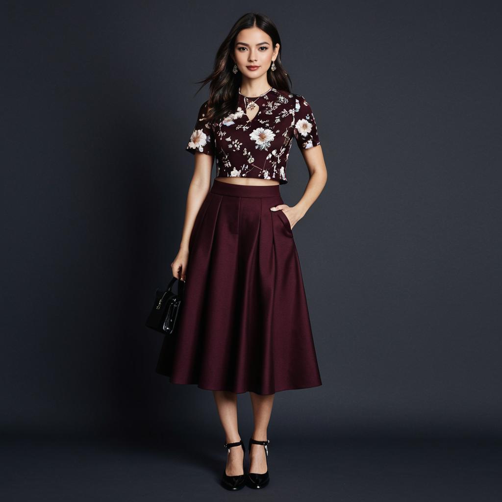 Elegant Woman in Burgundy Floral Crop Top and Midi Skirt Fashion Outfit