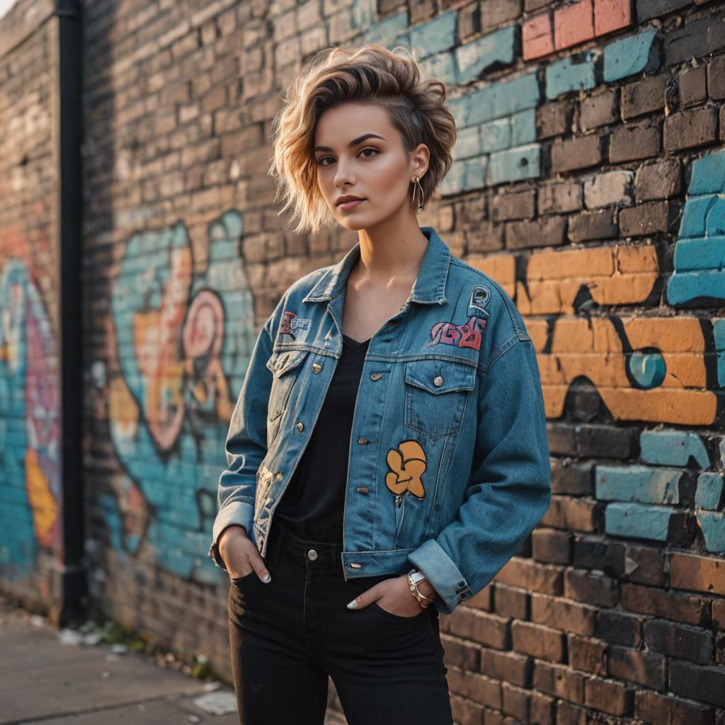 Woman with Wolf Cut Hairstyle Against Graffiti Wall