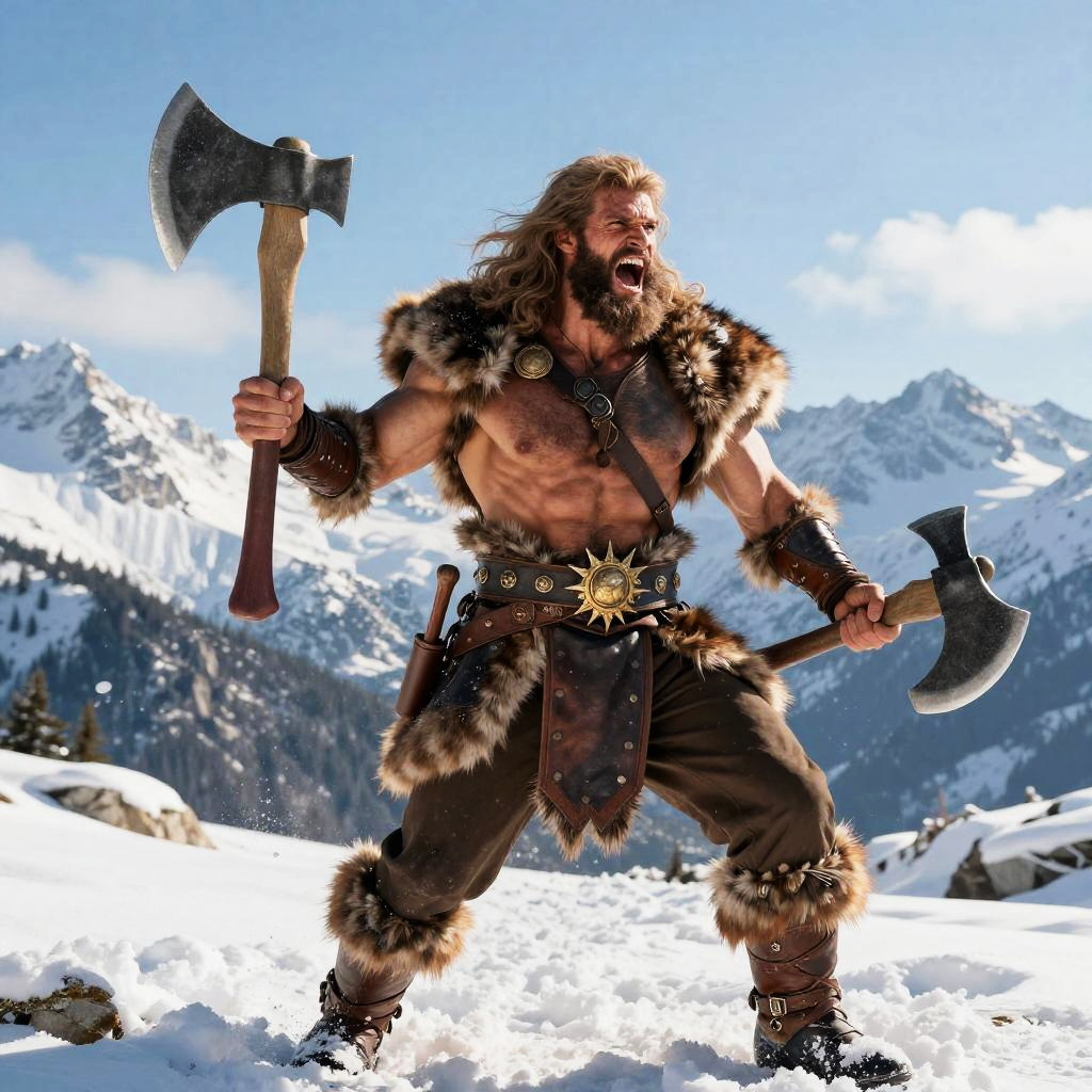 Fierce Viking Warrior in Snowy Mountain Battle Pose with Dual Axes