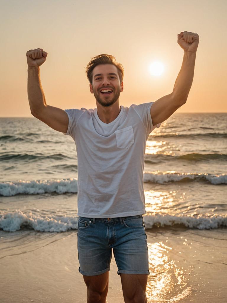 Joyful Man Celebrating at Sunset Beach