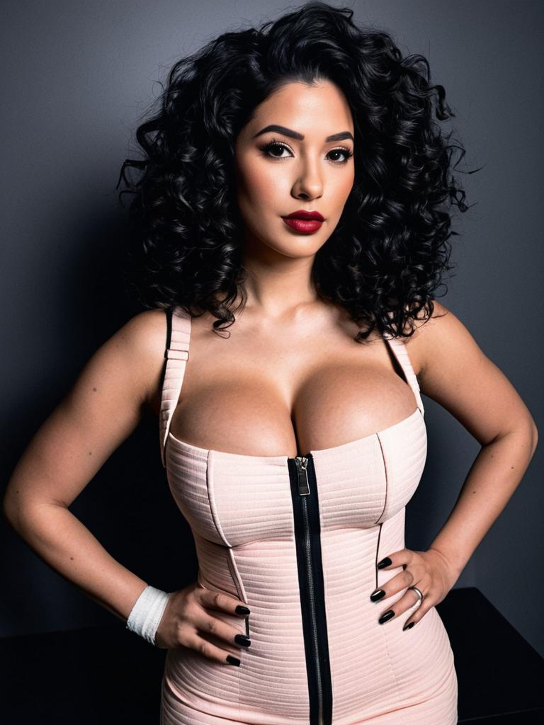 Confident Woman with Curly Hair in Pink Zipper Dress