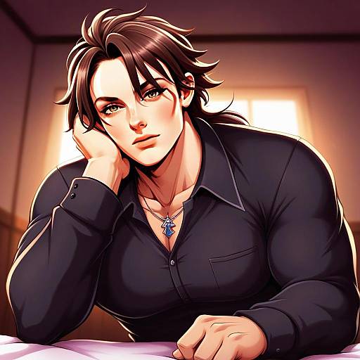 Anime Style Illustration of Man with Black Shirt and Pendant Necklace