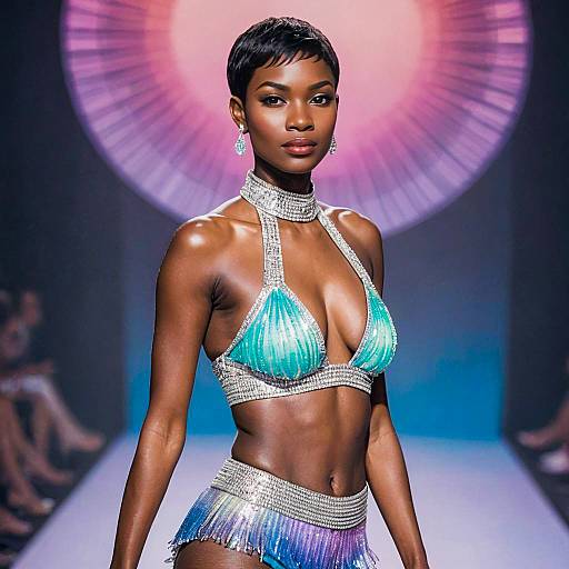 Runway Model in Futuristic Turquoise Silver Two-Piece Outfit