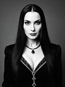 Elegant Woman in Morticia Addams Costume Black and White Glamour Portrait