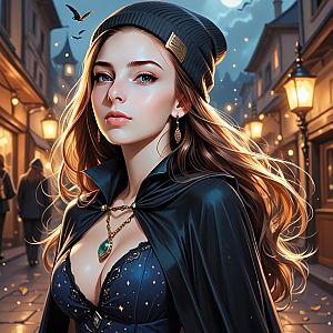 Young Woman in Cape at Dusk on Cobblestone Street
