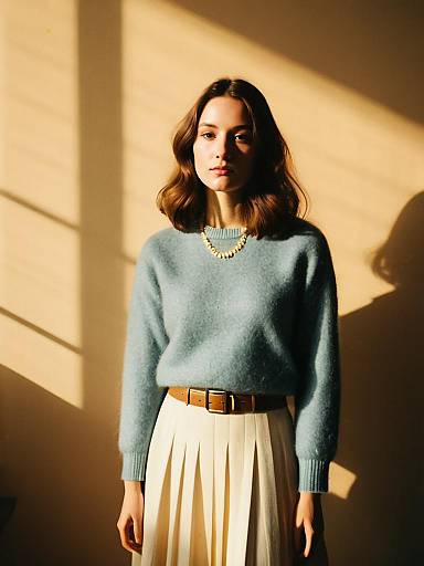 Woman in Minimalist Chic Powder Blue Mohair Sweater with Crew Neck and Pleated Skirt