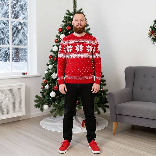 Man in Red Christmas Sweater Standing by Decorated Tree Indoors