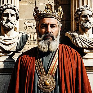 Regal Man in Crown and Robe with Roman Busts Background Realistic Portrait