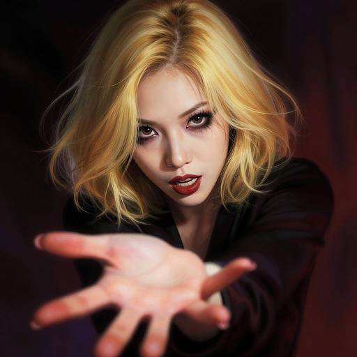 Dramatic Blonde Woman Reaching Out with Intense Expression