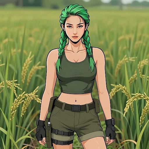 Anime Style Woman with Green Braids in Tactical Outfit Standing in Rice Field